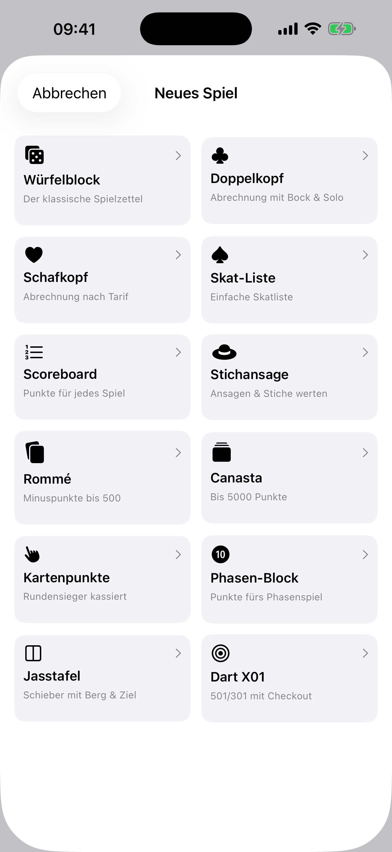 Spieleabend-App mit der Auswahl der zwölf Spielvorlagen